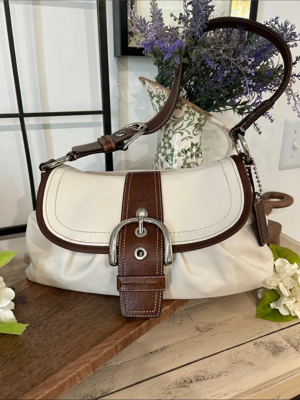 Coach White and Brown Leather Hobo Shoulder Bag with Buckle Detail